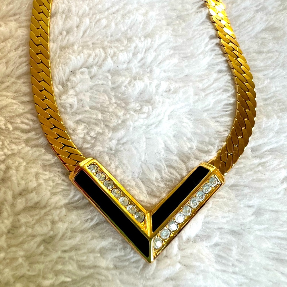 Christian Dior 18K gold plated vintage flat necklace with enamel and crystal - Picture 5 of 16